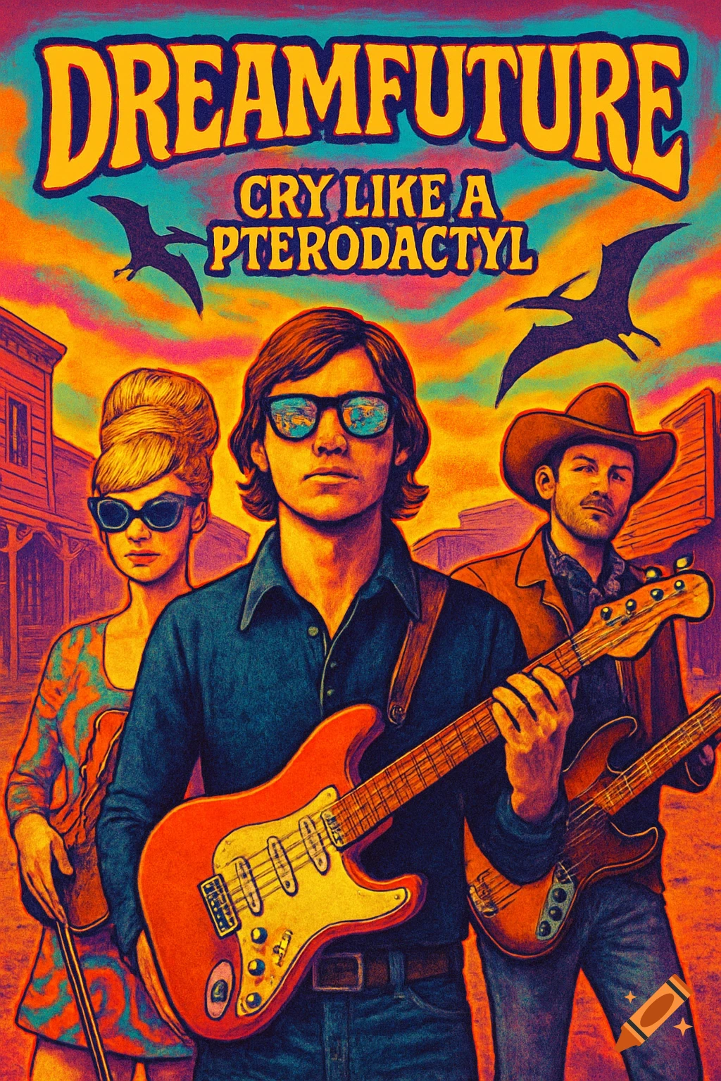 Psychedelic album cover with three musicians in an Old West town under a colorful sky with flying pterodactyls, text "DREAMFUTURE Cry Like a Pterodactyl" at the top.