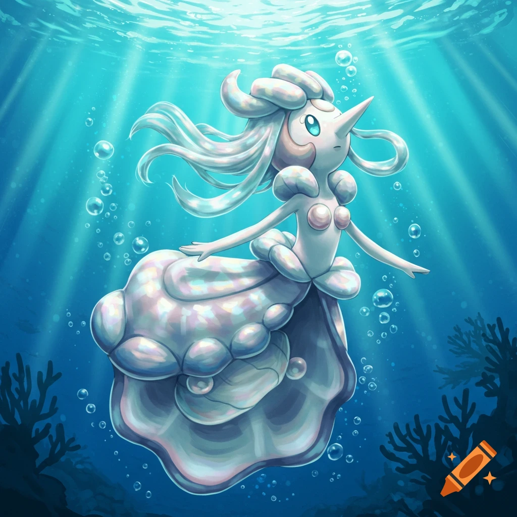 A white, pearl-like mermaid creature, resembling a Pokemon, floats gracefully underwater with light rays beaming down.