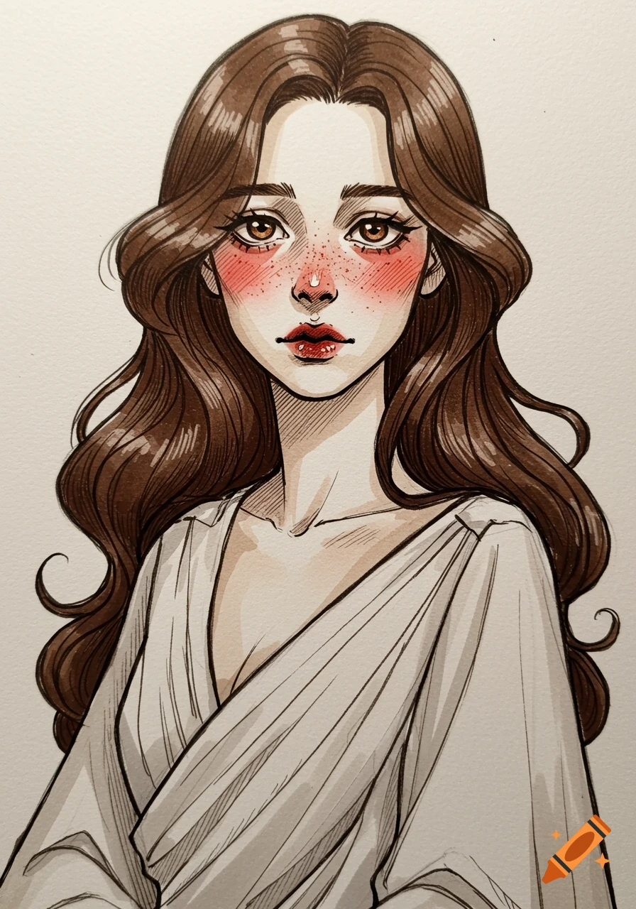 An illustration of a woman with long brown wavy hair, brown eyes, blush, and freckles, wearing a white gown.