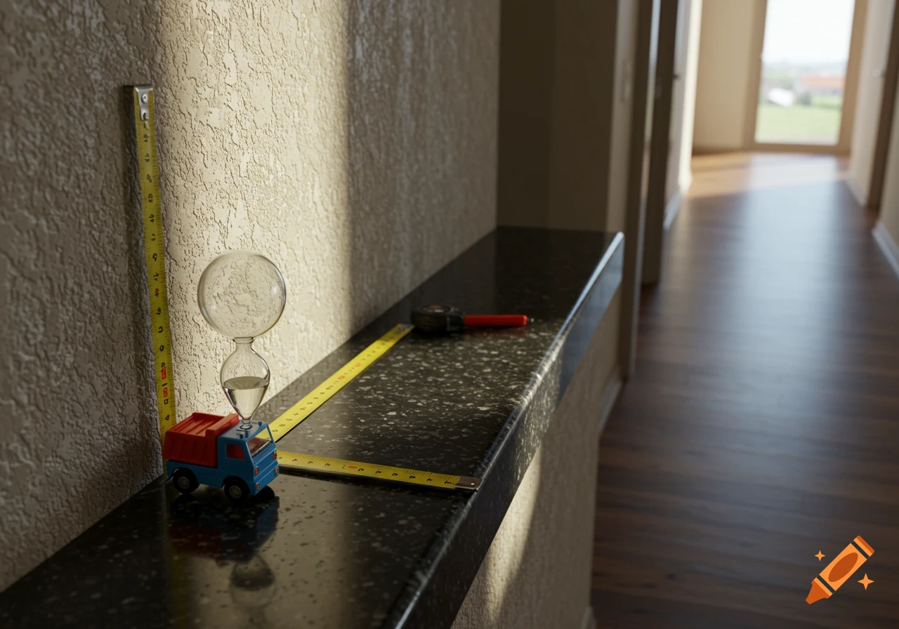A photorealistic image of a toy truck, an hourglass, and two yellow tape measures on a black granite ledge in a sunlit hallway.