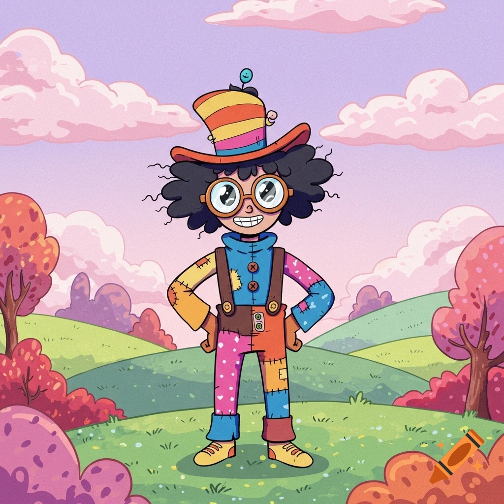 A happy cartoon character with curly hair, goggles, and a colorful patchwork outfit stands in a whimsical green landscape under a pink sky.