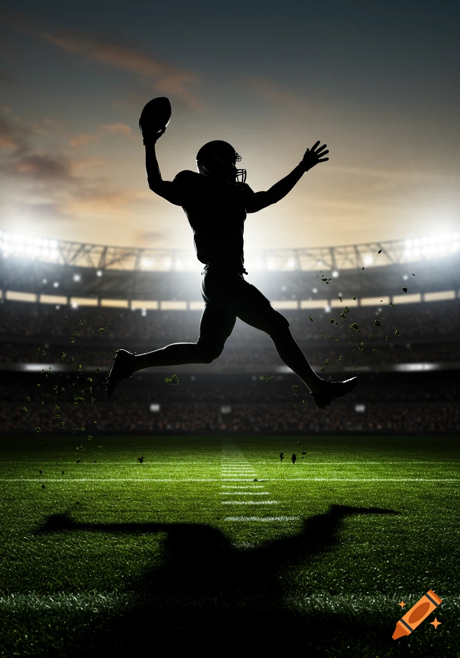 Silhouette of an American football player jumping to catch a football in a brightly lit stadium at dusk.