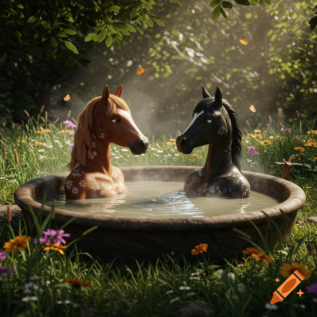 Two brown and black anthropomorphic horses with floral patterns relax in a steaming hot tub in a lush forest with butterflies, 3D animated style.