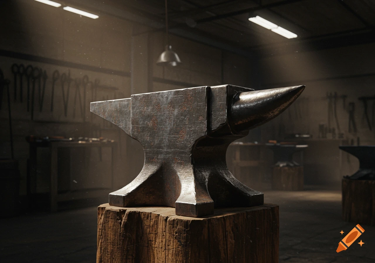 Photorealistic image of a rustic anvil on a wooden block in a dimly lit blacksmith's workshop.