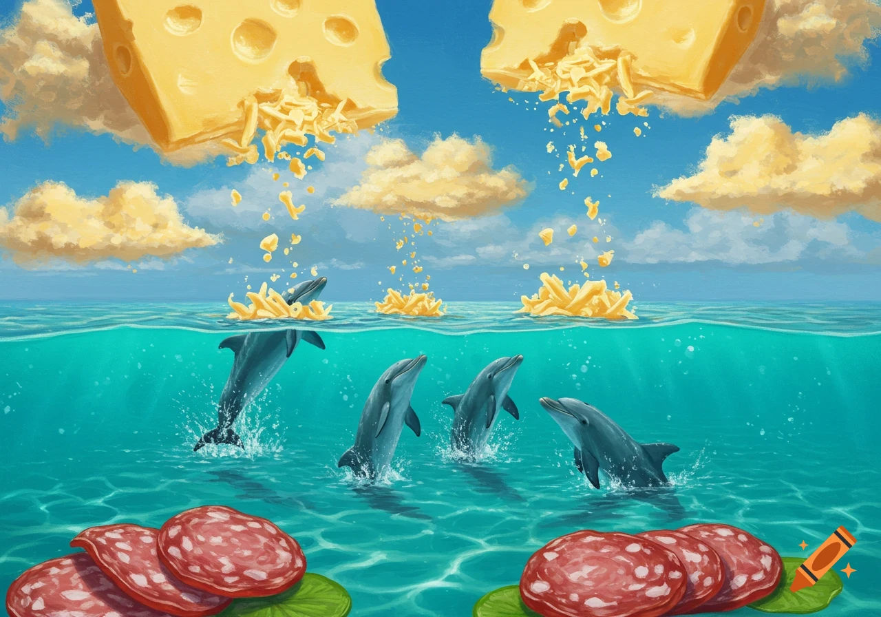 Dolphins leap in the ocean under falling grated cheese from the sky, with salami slices floating on the water in a surreal painting.