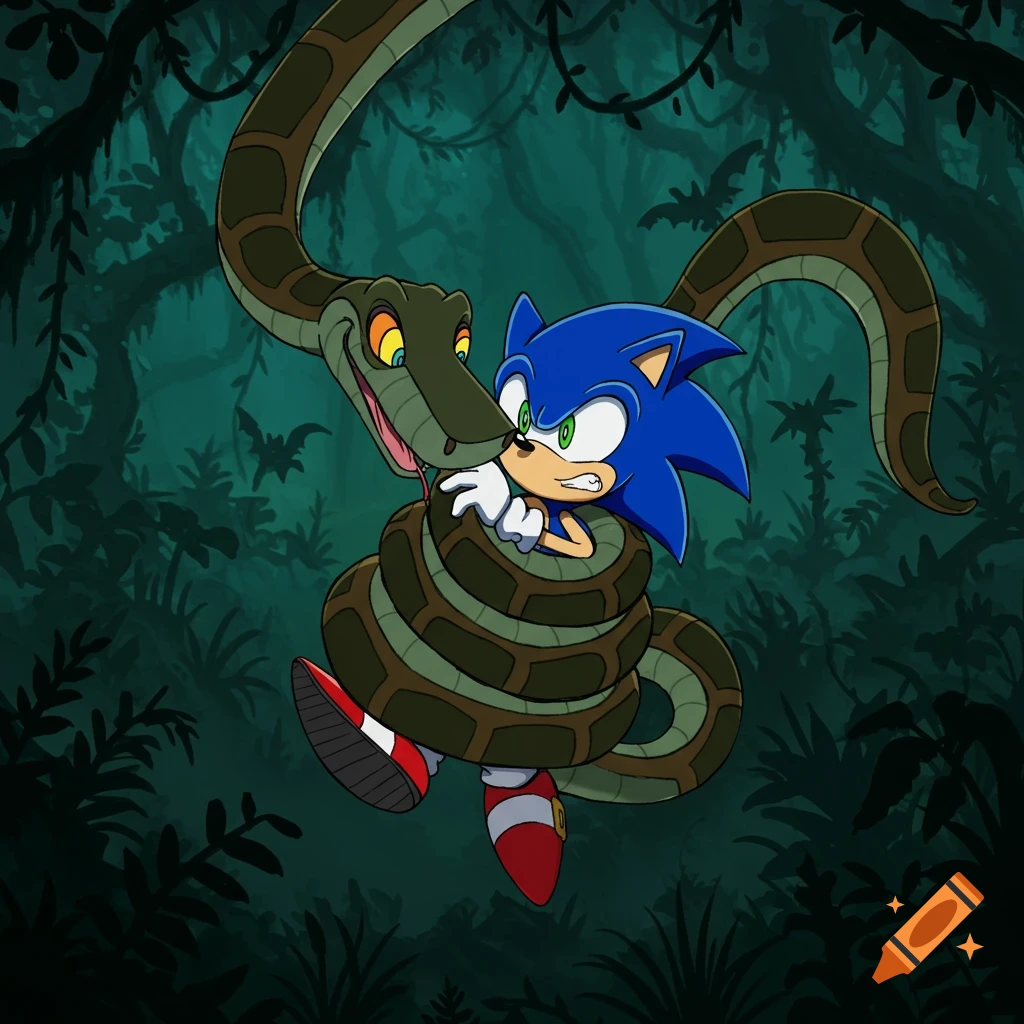 A cartoon Kaa the snake from The Jungle Book coiling around Sonic the Hedgehog in a dark jungle.