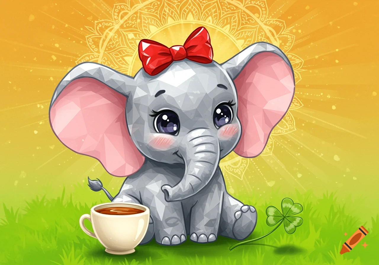 A cute, faceted baby elephant with a red bow sits on green grass next to a coffee cup and a four-leaf clover, under a sunny mandala.