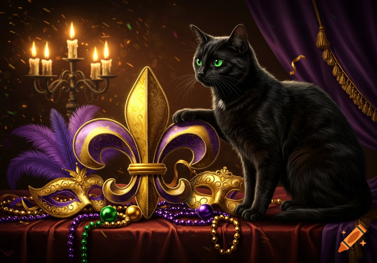 A black cat with green eyes next to a gold and purple Mardi Gras fleur de lis, masks, and beads, with lit candles in a dark, festive scene.