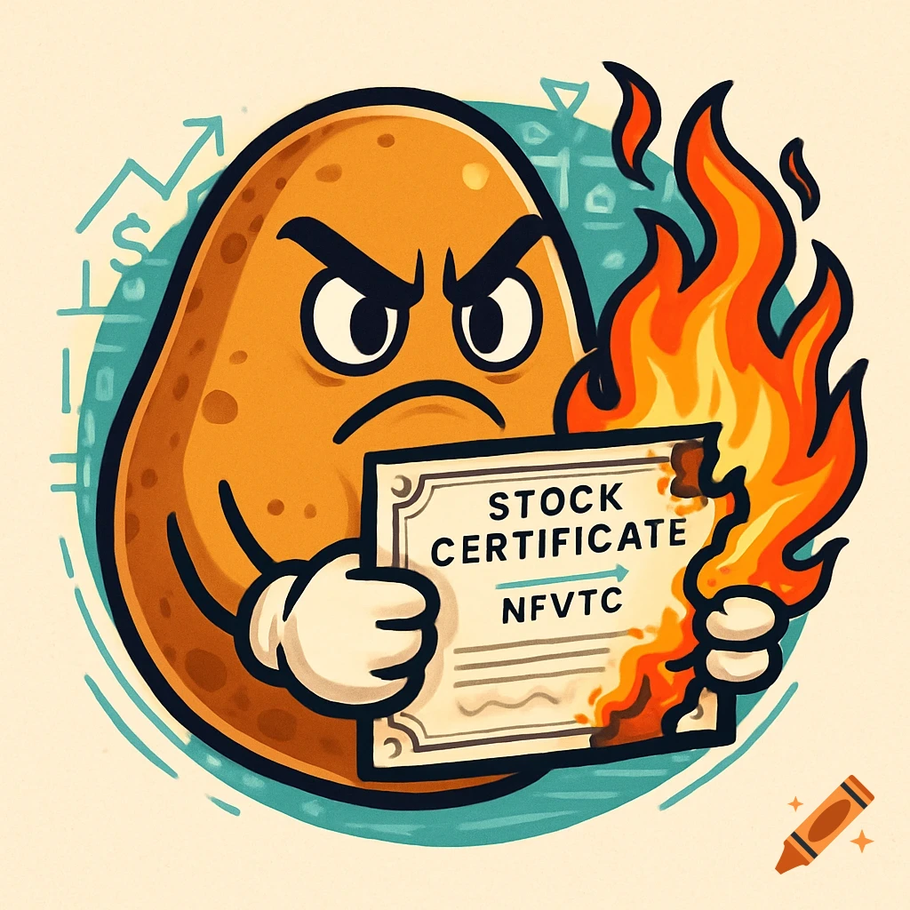 A stern cartoon potato character holds a burning stock certificate, with a financial graph in the background.