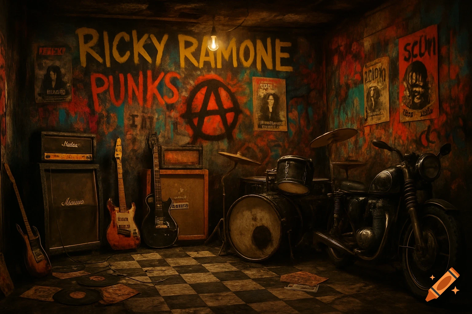 A dark, gritty punk rock garage with graffiti walls, guitars, amplifiers, a drum kit, and a motorcycle on a checkered floor.