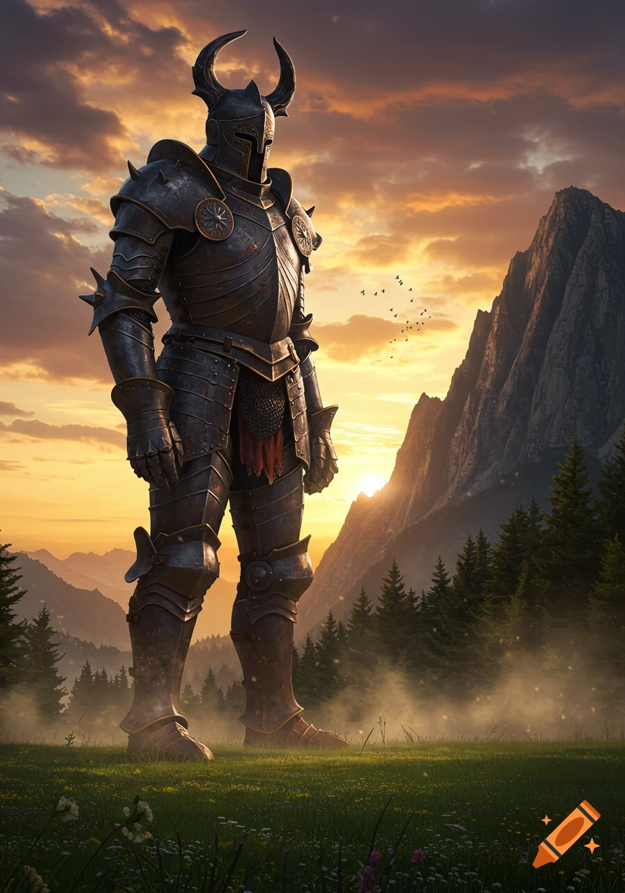 A massive knight in black horned armor stands in a grassy field at sunset, with mountains and pine trees in the background.