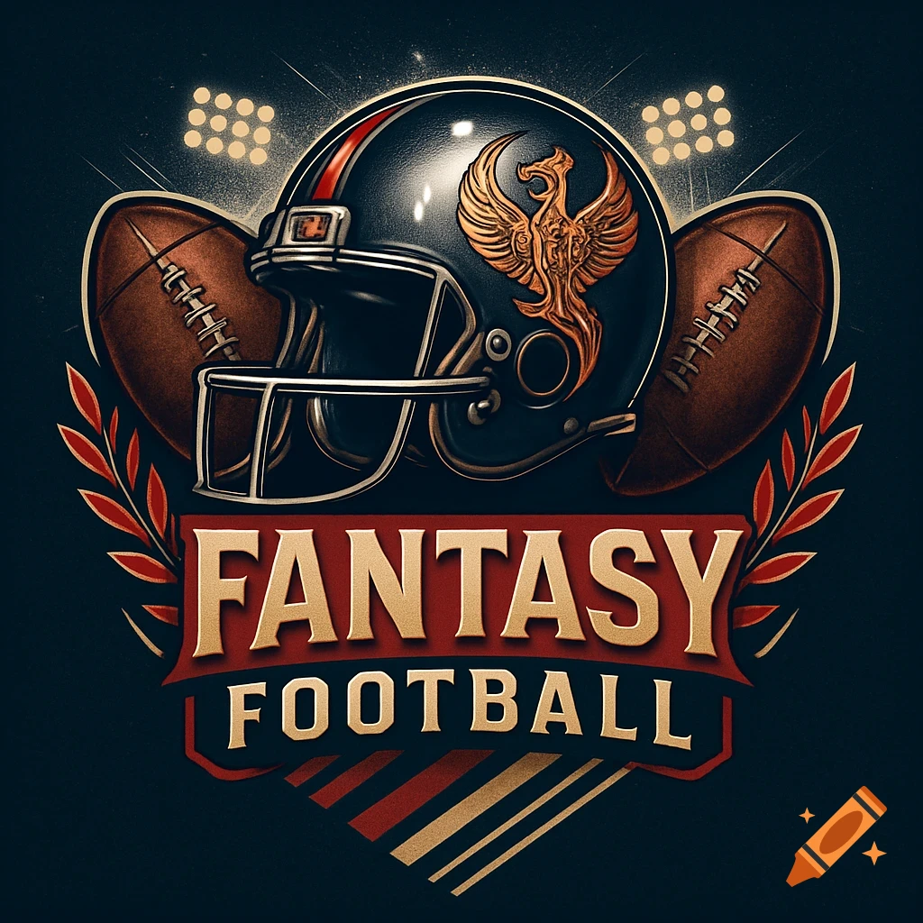 Stylized fantasy football logo featuring a dark helmet with a gold phoenix, two footballs, and 'FANTASY FOOTBALL' text.