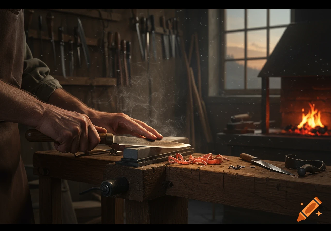 Photorealistic image of hands sharpening a knife on a whetstone in a rustic workshop with a warm fireplace and tools.