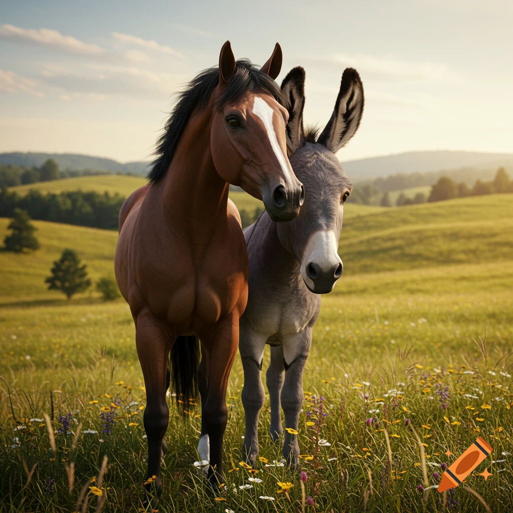 A brown horse and a grey donkey stand close together in a sunny green field filled with wildflowers.