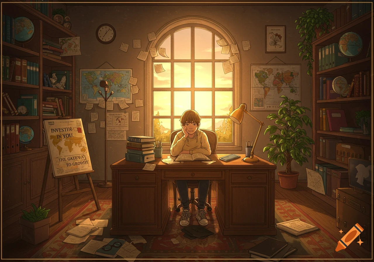 Anime illustration of a person studying at a desk in a cozy, sunlit room filled with books and maps.