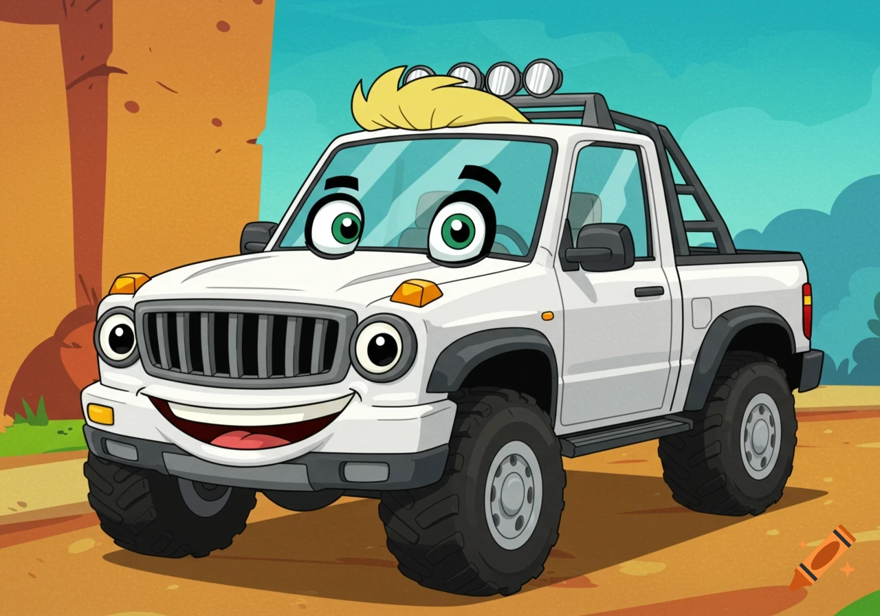 A friendly cartoon white pickup truck with big eyes on the windshield, a smiling grill, and blonde hair, in a desert landscape.