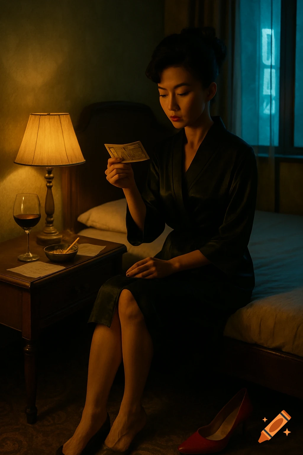A woman in a black silk robe sits on a bed, looking sadly at a crumpled bill in a dimly lit 1960s hotel room, cinematic style.