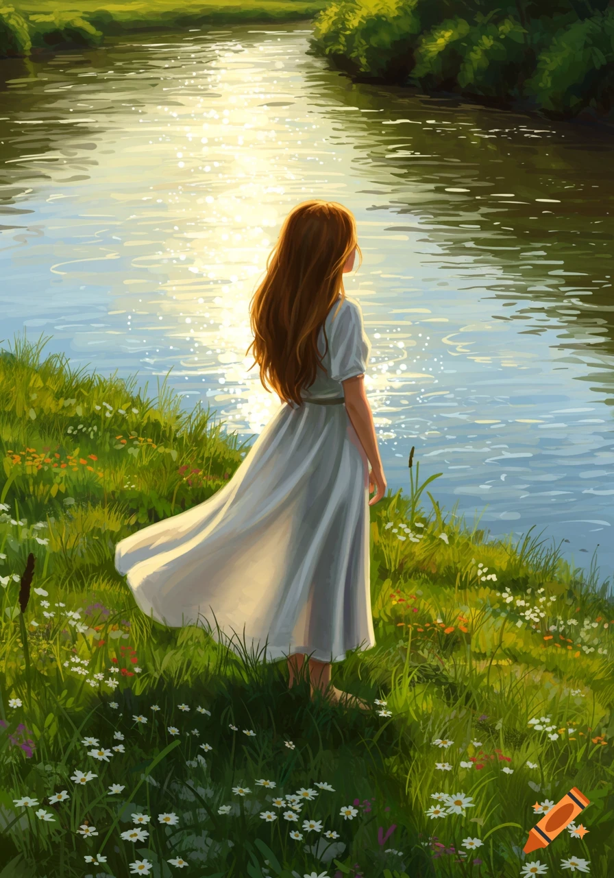 A woman with long auburn hair stands in a white dress by a sunlit river with grassy banks and wildflowers, digital painting.