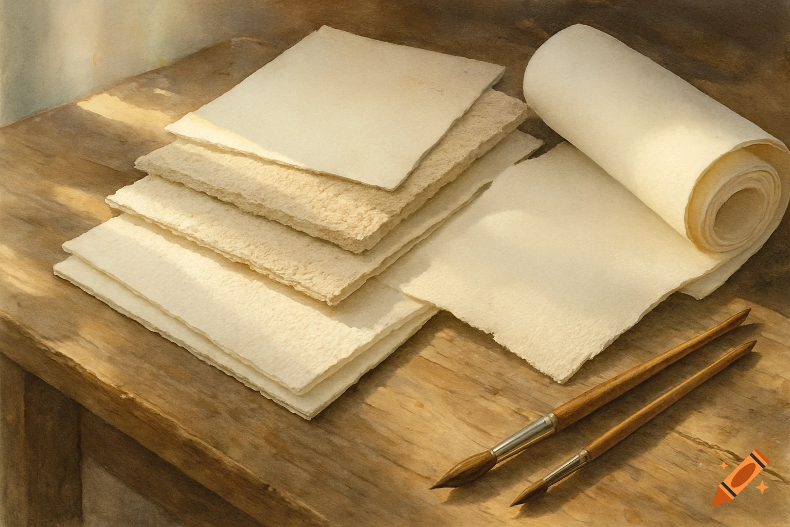 A stack of textured paper sheets, a paper roll, and two paintbrushes lie on a wooden table, bathed in sunlight.