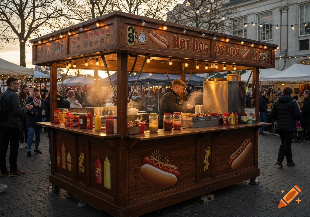 A busy outdoor market scene with a prominent wooden hot dog stand. A vendor serves customers from the brightly lit stall, surrounded by other market tents and people.