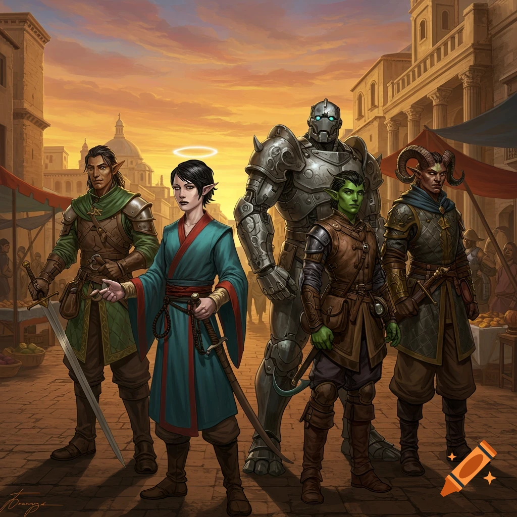 A fantasy party of five characters: an elf, a woman with a halo, a Warforged, a green-skinned humanoid, and a tiefling, standing in a Roman-style market at sunset.