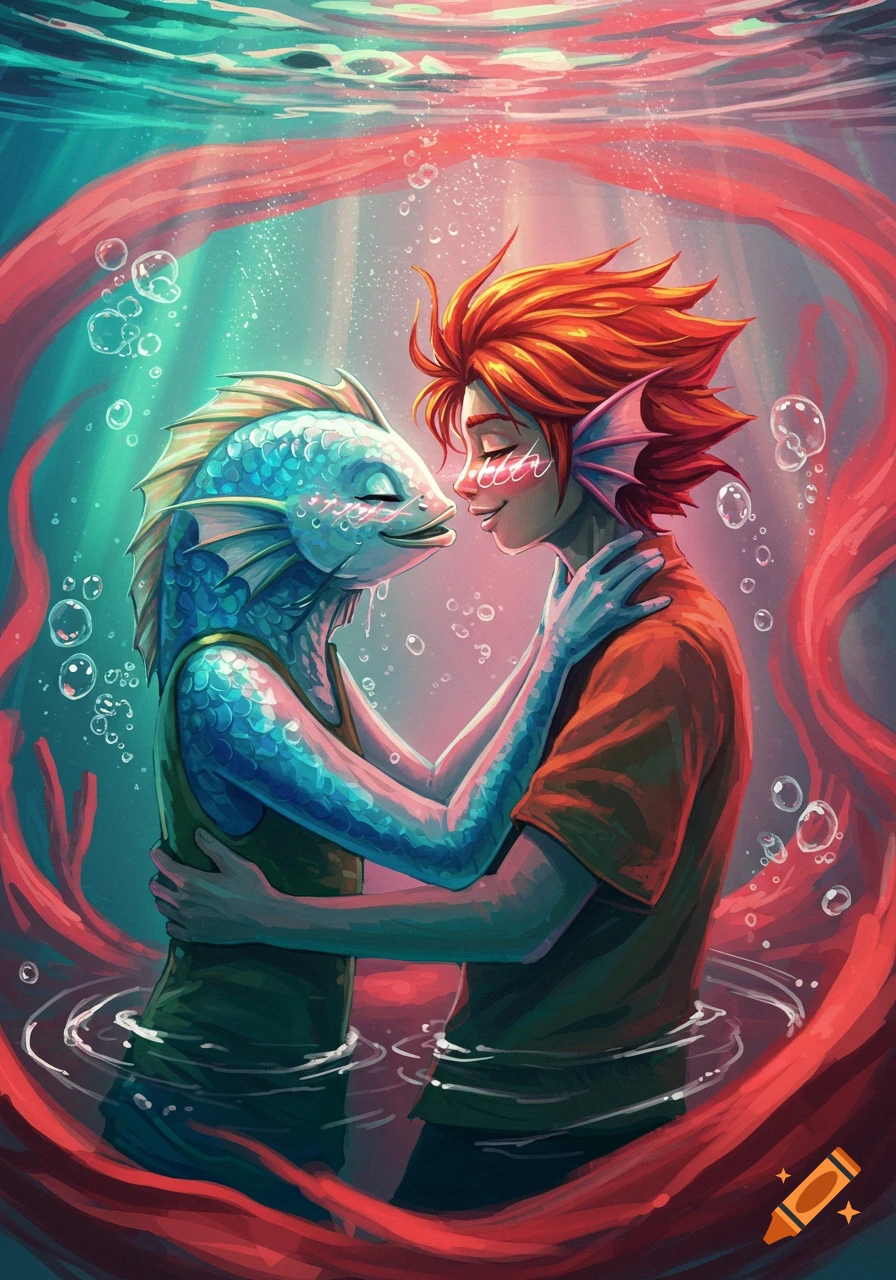 An illustration of a fish-person and a human-like person with fins embracing underwater, surrounded by red tendrils and bubbles.