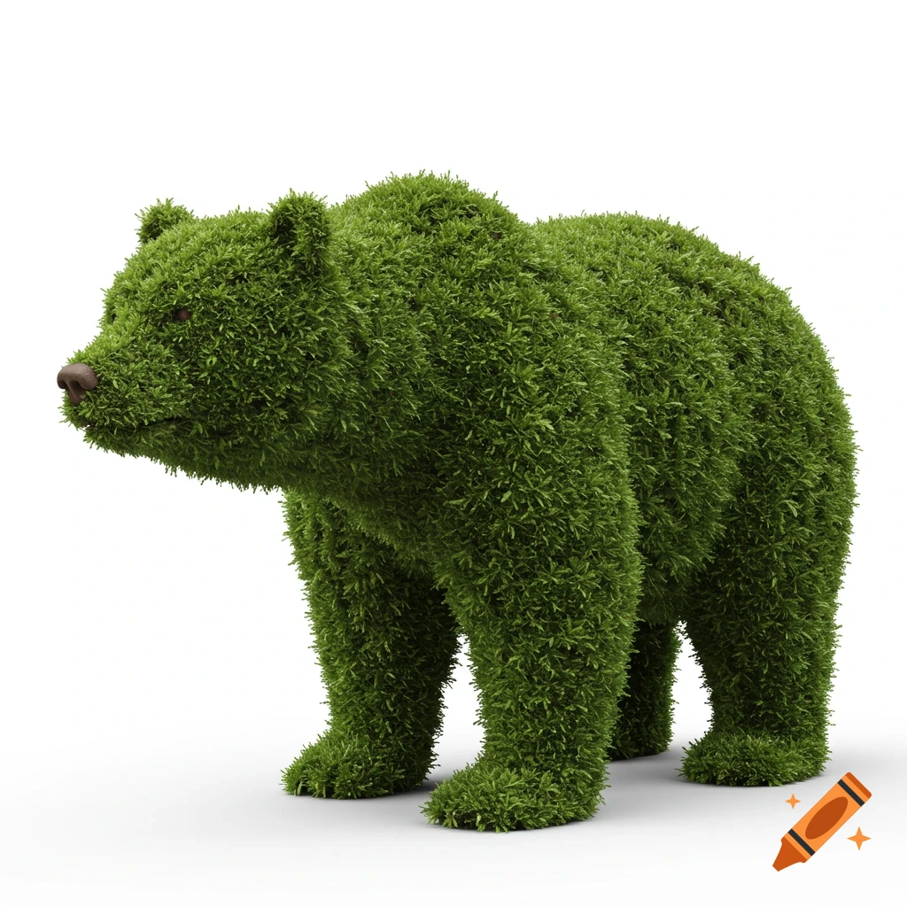 A green topiary sculpture shaped like a bear, standing on a plain white background.