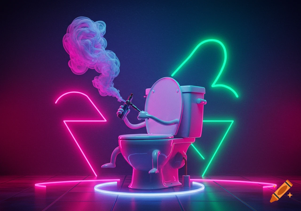 An anthropomorphic pink toilet with arms and legs sits, vaping and exhaling pink smoke, surrounded by neon pink and green lights.