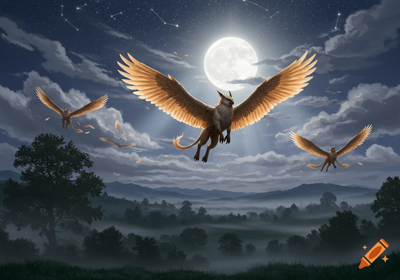 Multiple gryphons soar through a moonlit, cloudy night sky above a misty, forested landscape. Painted illustration.