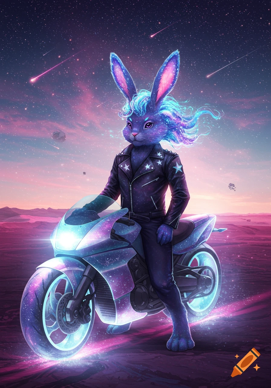 A cosmic rabbit in a leather jacket sits on a glowing motorcycle in a vibrant purple and pink starry landscape.