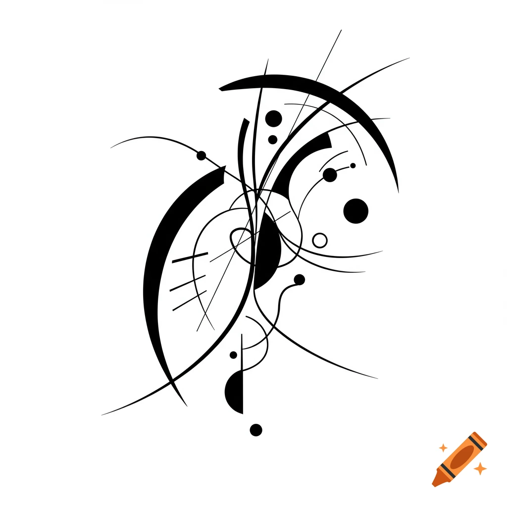 Abstract black and white line art with dynamic curves, lines, and circular shapes on a white background.