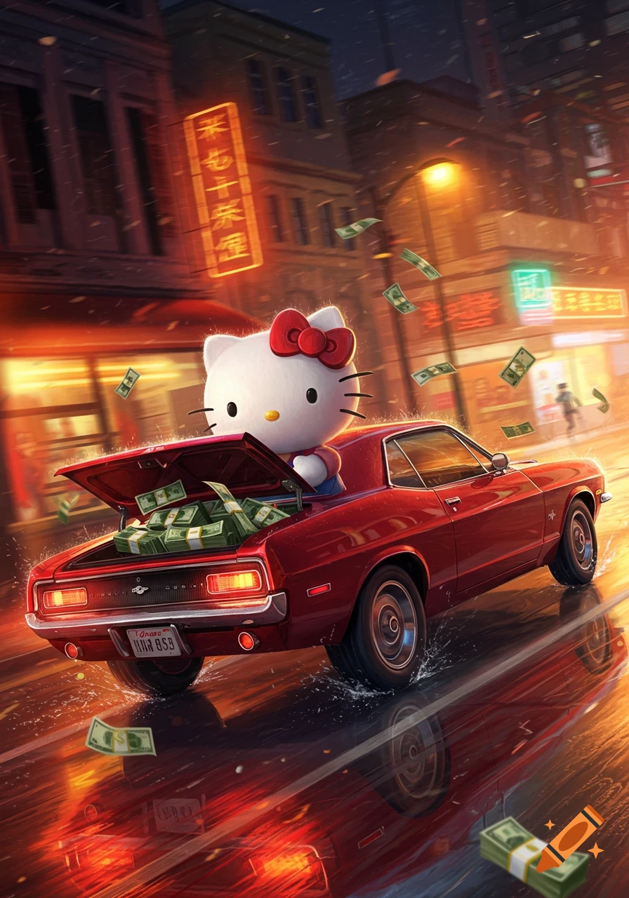 Hello Kitty drives a red vintage car down a wet city street at night, bundles of money spilling from its open trunk in dynamic digital art style.
