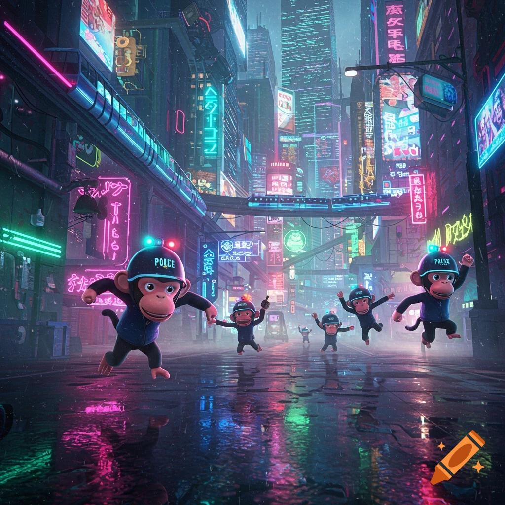 Cartoon police monkeys with glowing helmets run on a wet street in a futuristic cyberpunk city with neon signs.
