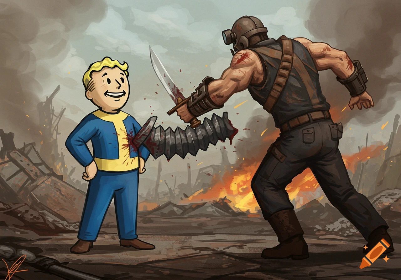 A cartoon image of Vault Boy smiling with a bent sword in his chest, facing a raider in a ruined, fiery post-apocalyptic landscape.