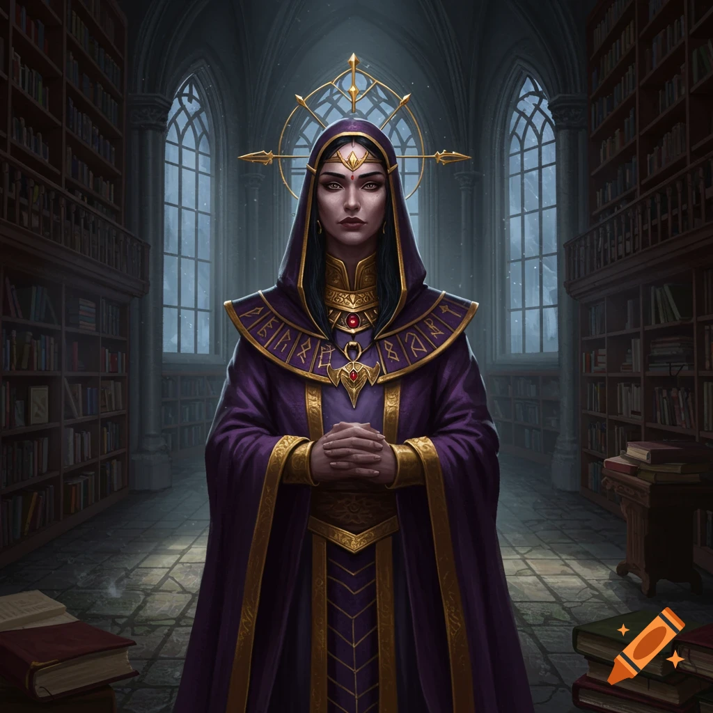 A woman in a majestic purple and gold hooded robe with a golden halo stands in a gothic library, hands clasped.