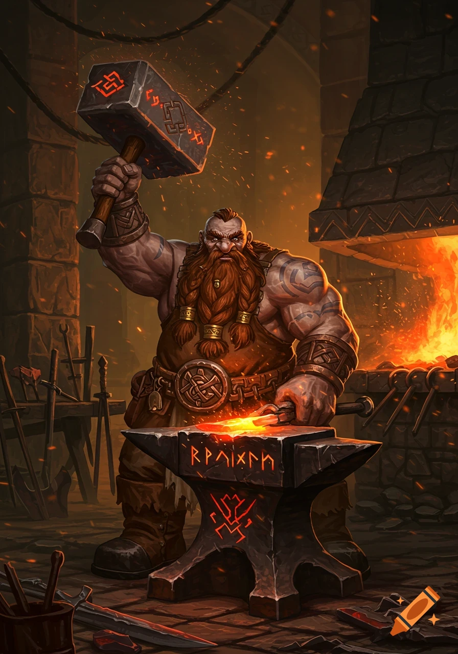 A muscled fantasy dwarf blacksmith with a braided red beard lifts a large hammer over a glowing anvil in a dark forge, in an illustration style.