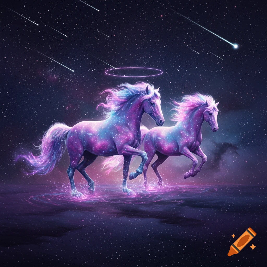 Two galaxy-patterned horses with glowing manes and tails trot through starry water under a night sky with shooting stars.