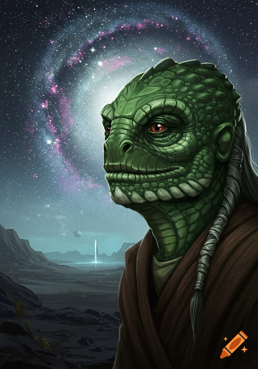 A green reptilian alien in a brown robe stands on an alien planet with a luminous structure, under a vibrant starry galaxy.