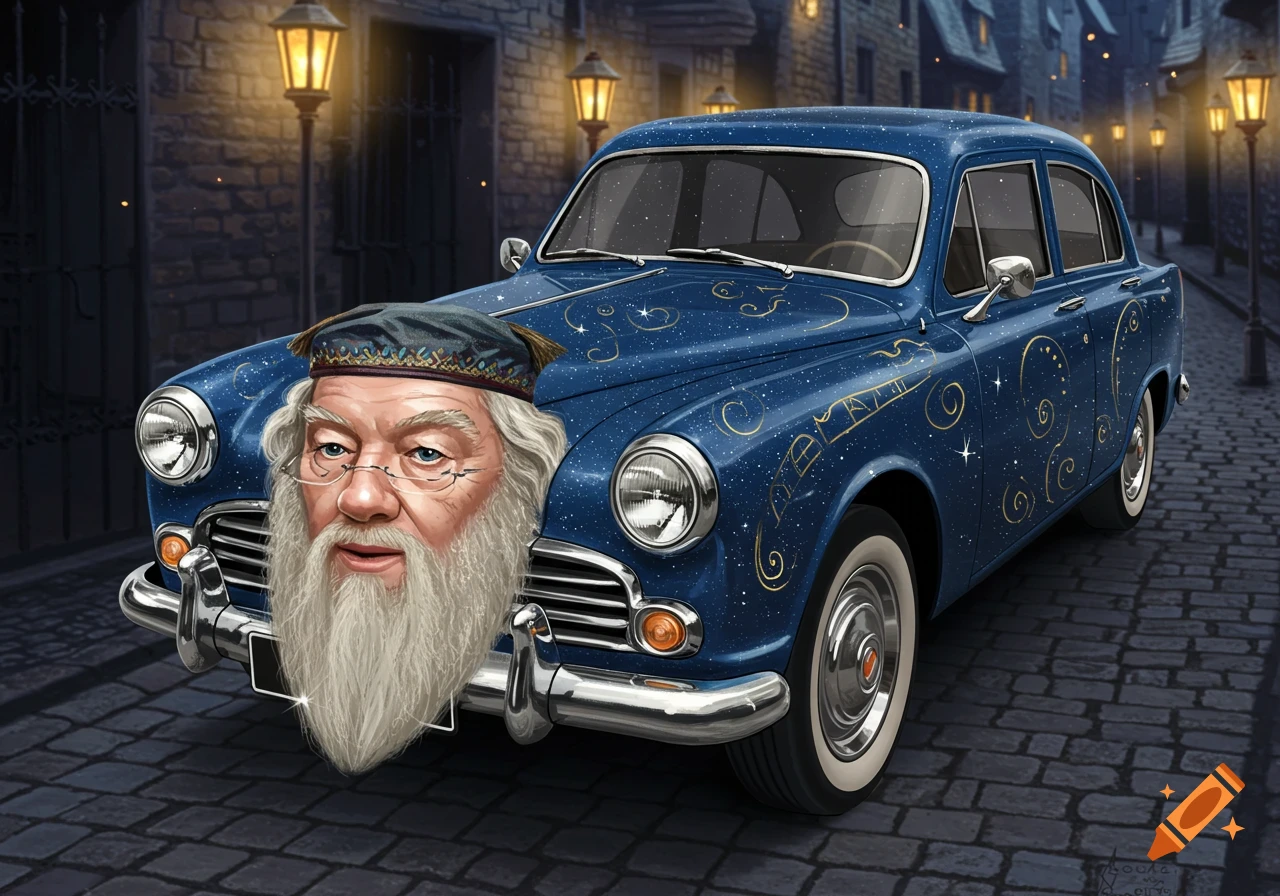 An illustration of a blue car with the face of Albus Dumbledore on its front, parked on a cobblestone street at night.