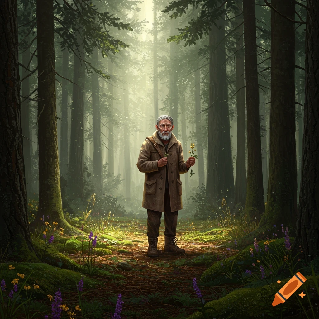 A bearded old man in a coat stands in a misty, sunlit pine forest, holding a small plant.