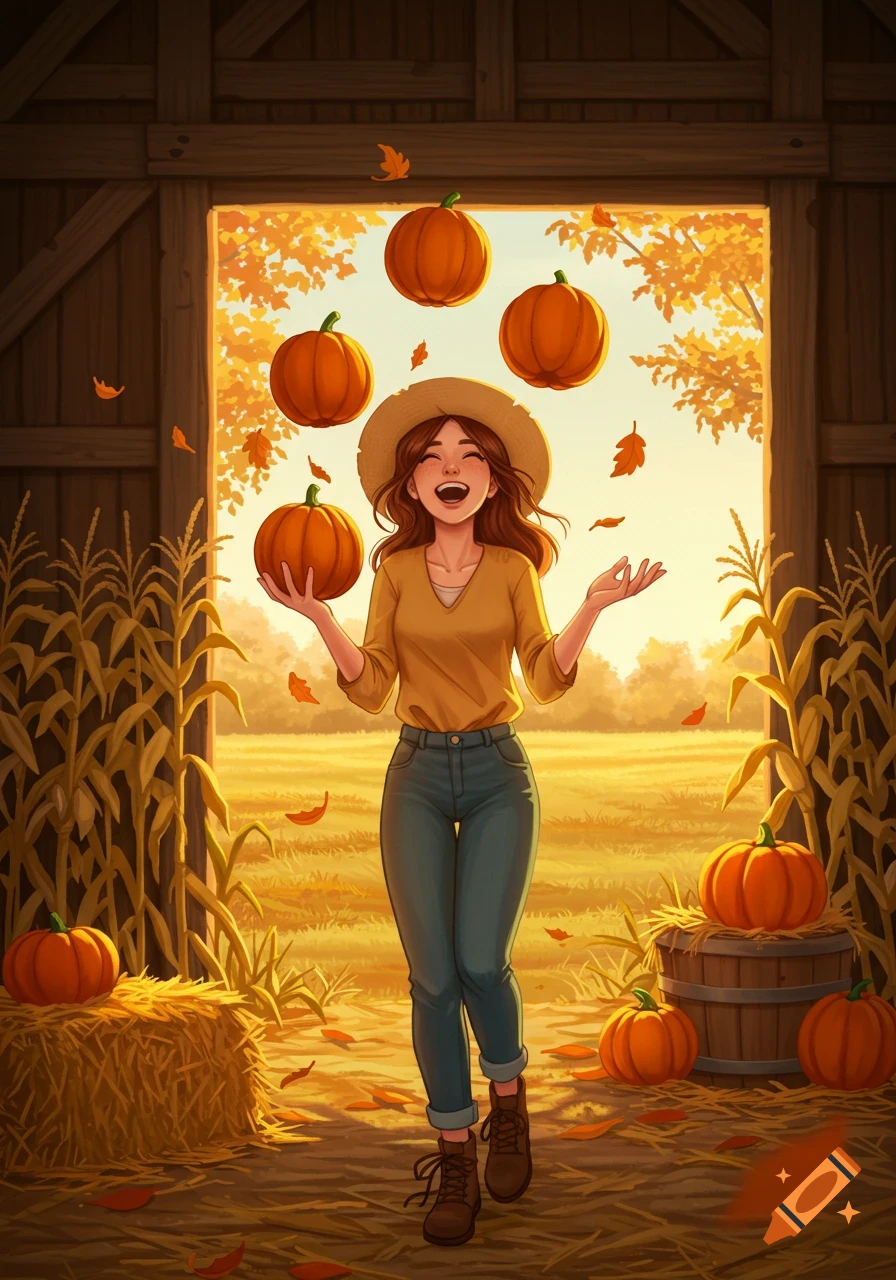 A cheerful woman in a straw hat juggles pumpkins in an autumn farm field at sunset, illustration.
