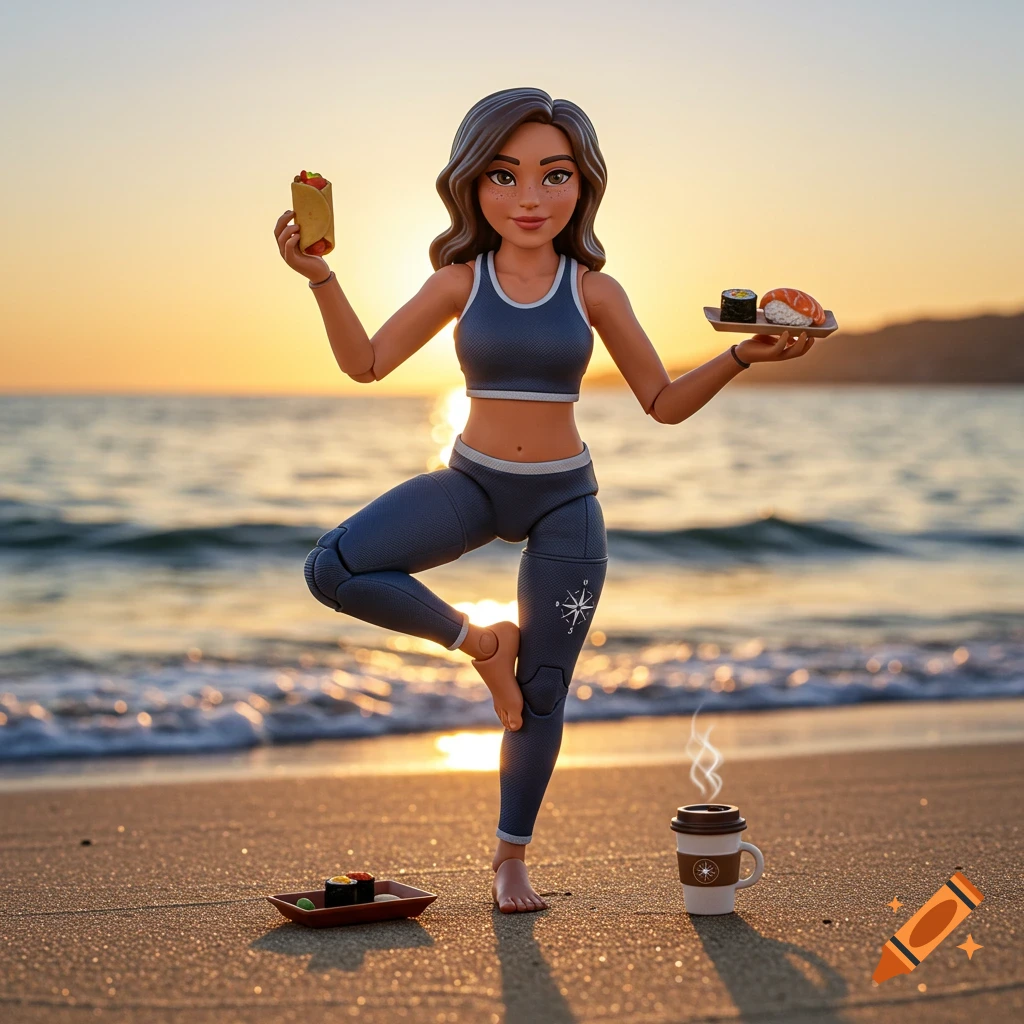 Action figure in a yoga pose on a beach at sunset, holding a burrito and sushi, with a coffee cup nearby.
