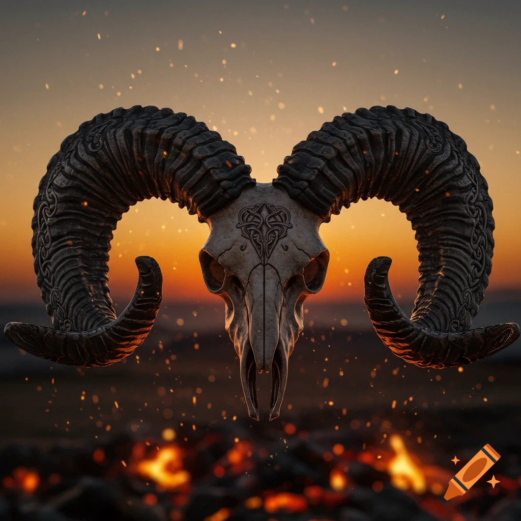 A detailed ram skull with ornate, dark horns and Celtic knot patterns, set against a fiery sunset and blurred embers.