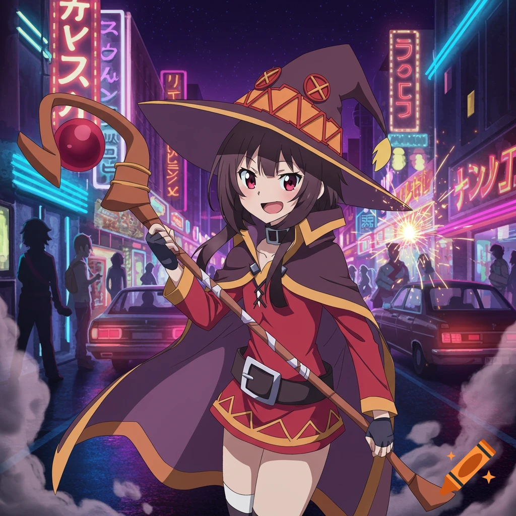 A girl with brown hair and red eyes, wearing a witch's hat, cape, and red dress, holds a staff while smiling in a vibrant neon-lit city at night.