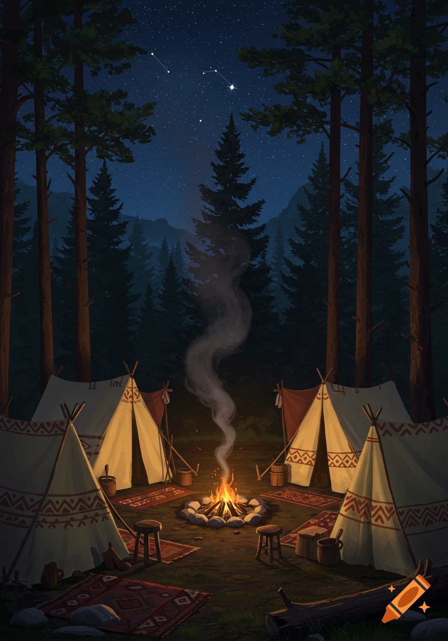 An illustrative night scene of a Native American-style camp with tipis, a campfire, and pine trees under a starry sky.