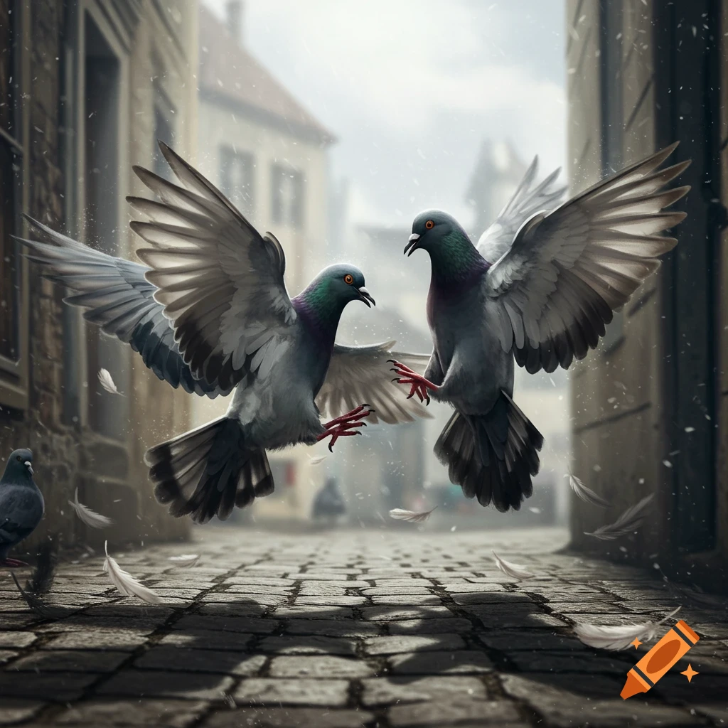 Two pigeons with outstretched wings fly over a cobblestone street, appearing to fight amidst falling feathers in an old alleyway.