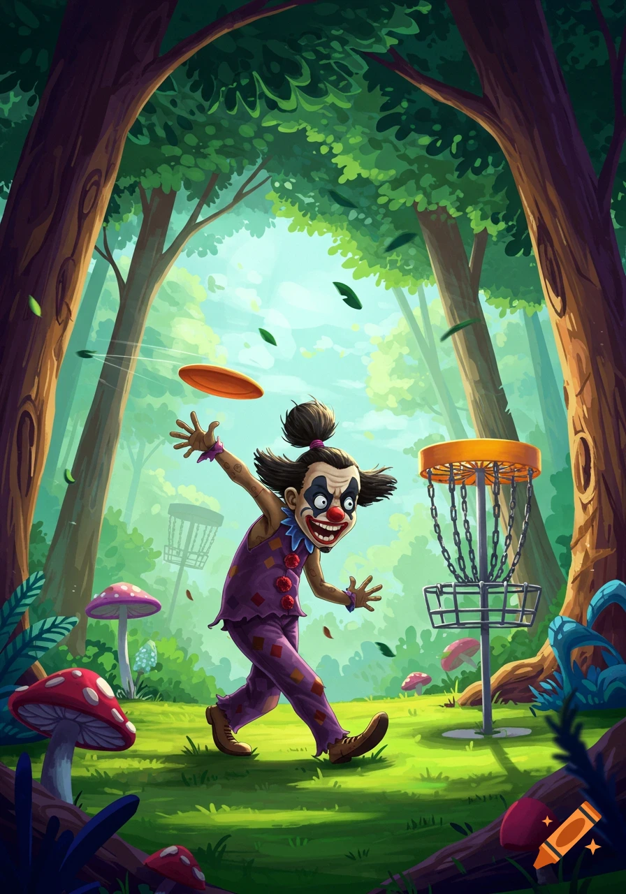 A creepy cartoon clown with a manbun throws a disc golf frisbee in a colorful, whimsical forest with giant mushrooms.
