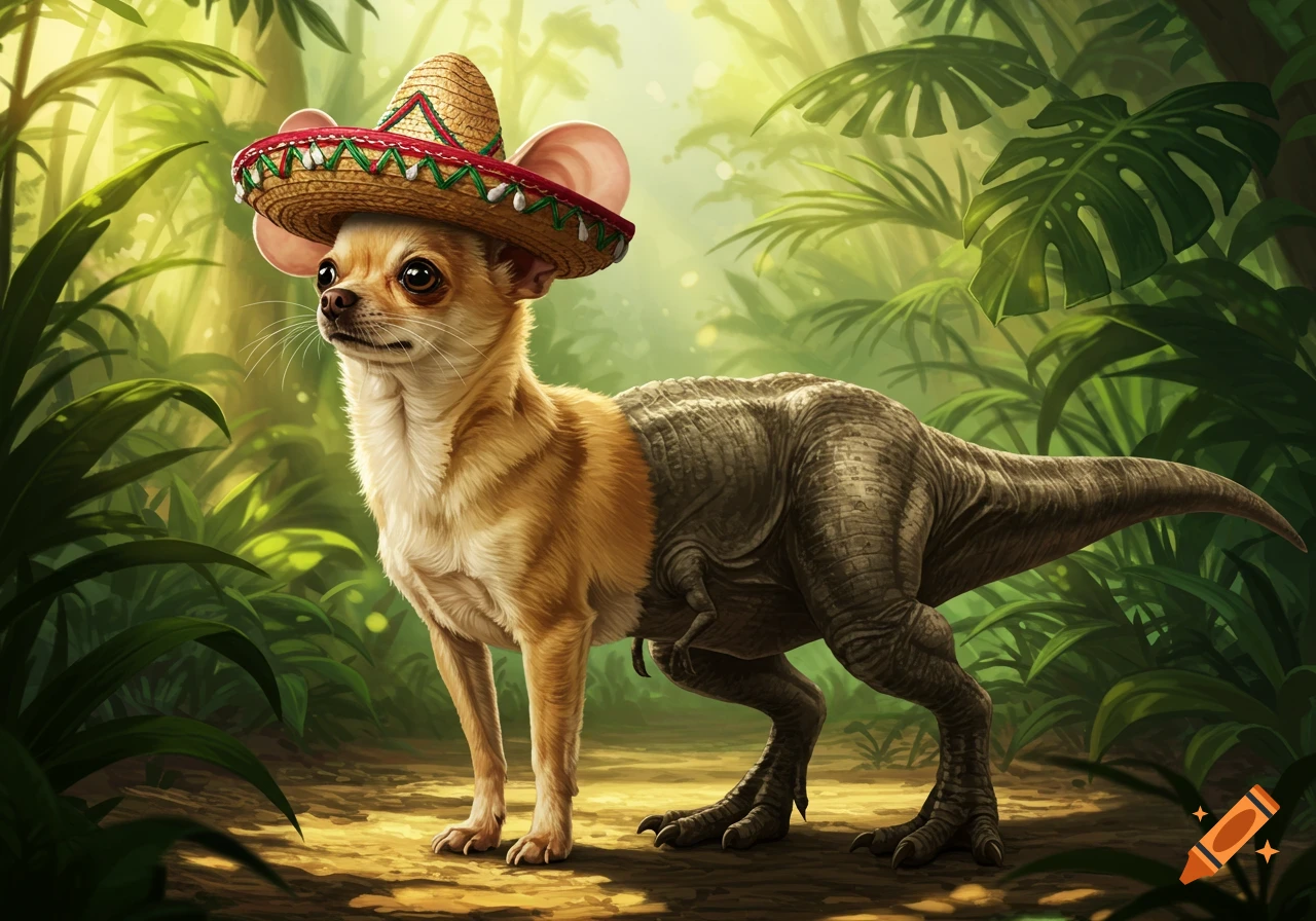 A hybrid creature with a chihuahua's head wearing a sombrero and a T-Rex's body stands in a lush jungle.