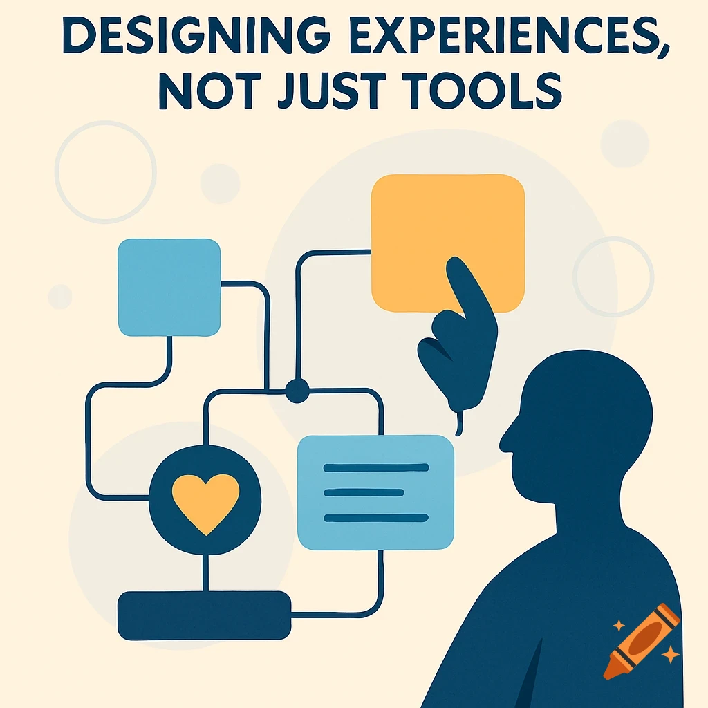 Flat illustration of a human silhouette, a hand interacting with a flowchart, and the text 'DESIGNING EXPERIENCES, NOT JUST TOOLS'.