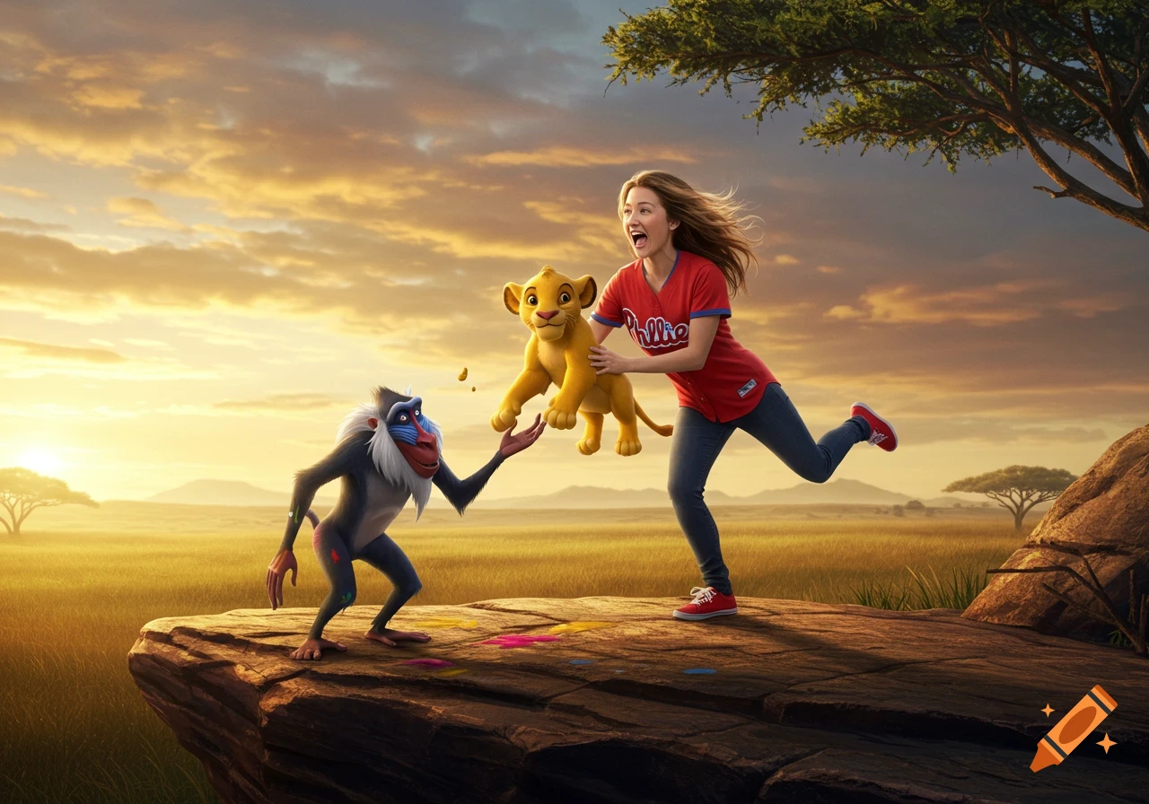 A woman in a Phillies shirt runs on a rock, holding Simba away from Rafiki in a savanna at sunset, in an animated style.